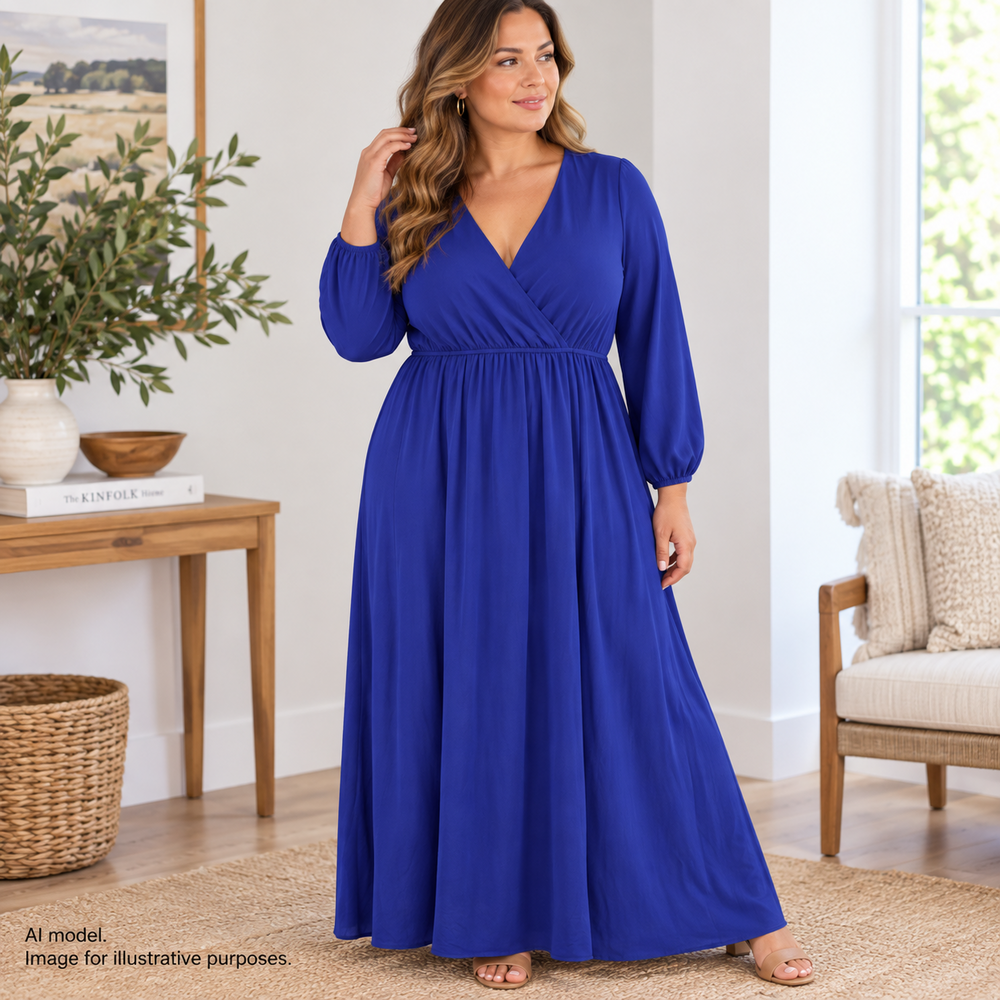 Lulus Maxi Dress Womens Large Blue Long Sleeve Wrap V Neck Formal Evening Gown